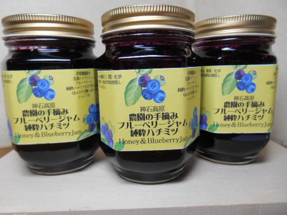 無農薬、無化学肥料、無添加、北部ハイブッシュブルーベリージャム×ハチミツ210ｇ×3本セット 1枚目の画像