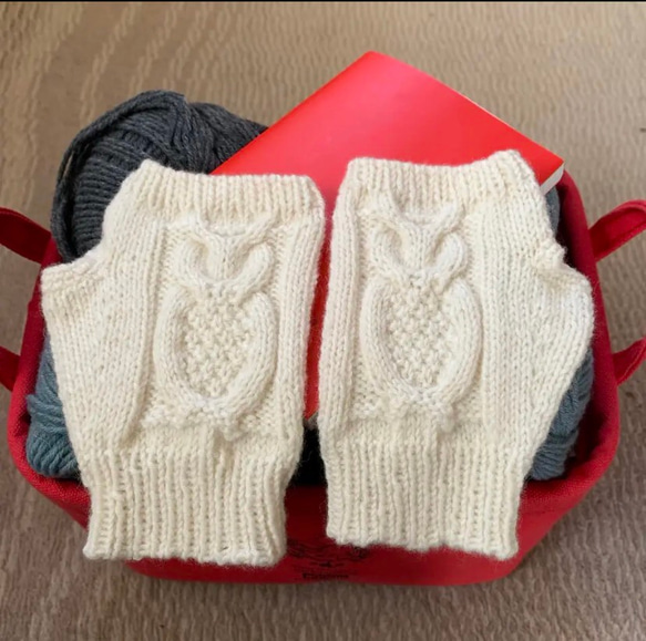 ハンドウォーマー 手袋　優しいフクロウ   アイボリーホワイト  冬支度 3枚目の画像