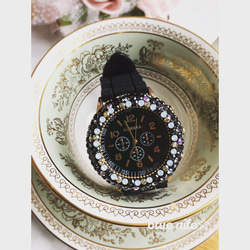 スワロフスキーキラキラデコ時計1 ブラック 1枚目の画像