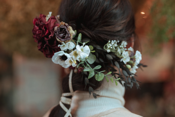 【送料込み】成人式や結婚式に造花とドライフラワー のヘッドピースパープル紫バラダリア 8枚目の画像