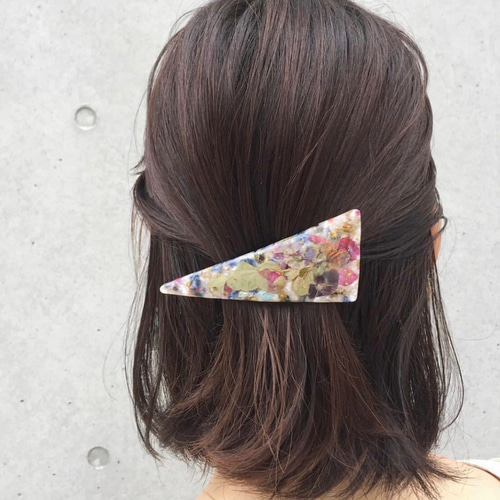 押し花三角バレッタ】北海道 大人ネイビーブルー ヘアアクセサリー  