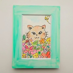 絵画 インテリア 水彩画 額絵 花とねこ 1枚目の画像