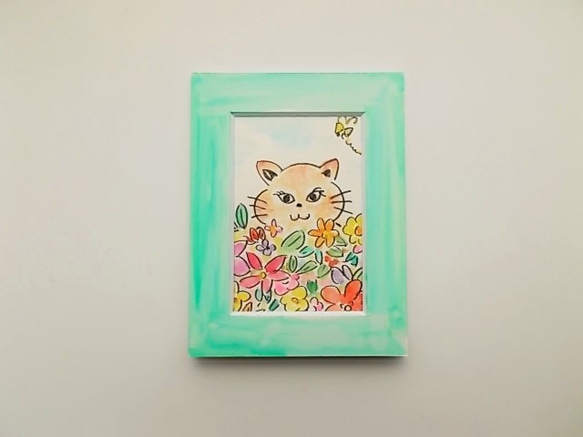 絵画 インテリア 水彩画 額絵 花とねこ 4枚目の画像