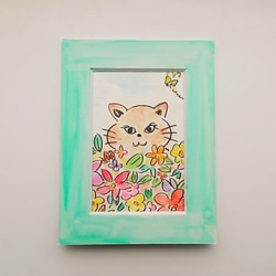 絵画 インテリア 水彩画 額絵 花とねこ 5枚目の画像