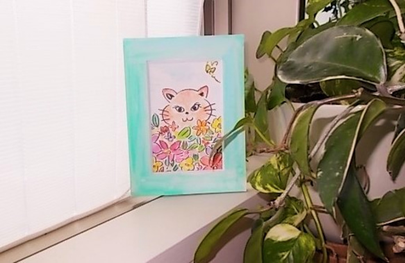 絵画 インテリア 水彩画 額絵 花とねこ 6枚目の画像