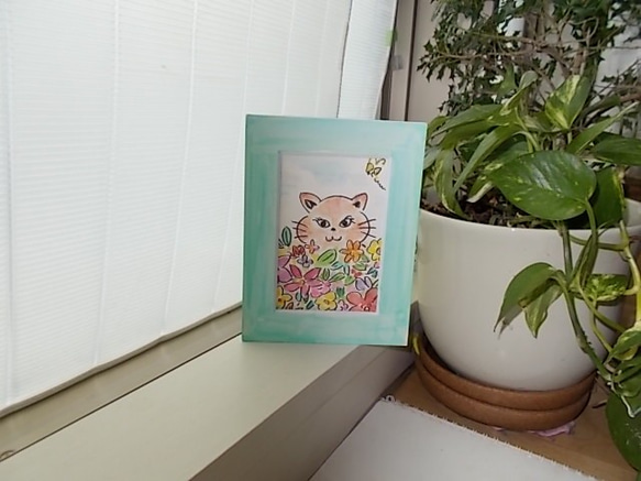 絵画 インテリア 水彩画 額絵 花とねこ 7枚目の画像