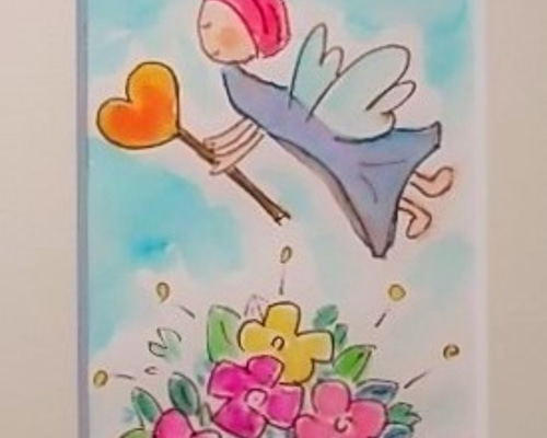 妖精と花の水彩画 ハンドメイド　専用出品 絵画 インテリア額絵 水彩画 ハートを持って妖精がやって来た
