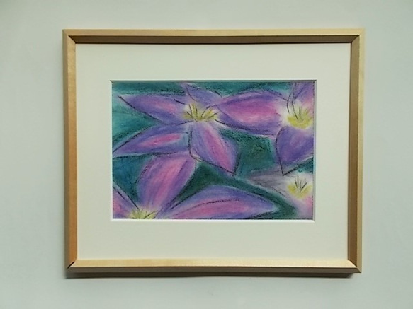 絵画 インテリア額絵 パステル画 紫色の花 クレマチス 5枚目の画像