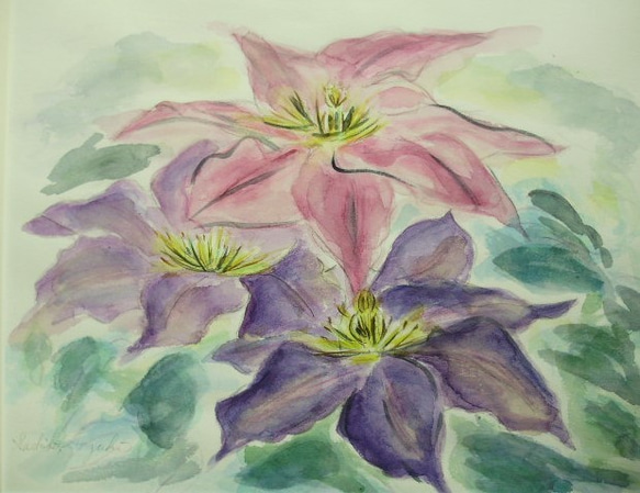 絵画 インテリア 水彩画 額絵 花の絵 クレマチス パープル 絵画 susa