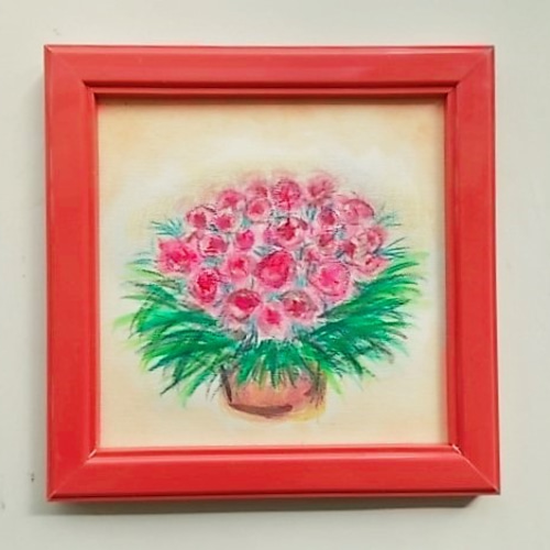 「赤い花」 油彩風 花卉画 額装 絵画 インテリア アート作品 #228-3 絵画 インテリア 水彩画 額絵 花の絵 オペラピンクの花 絵画 susa-art