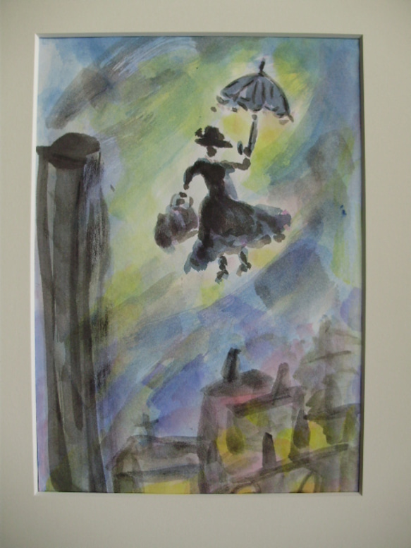 絵画・額縁・版画・明星いっぺい・新品未使用・ジグレー・美術品・インテリア・雑貨 絵画 インテリア額絵 墨と水彩のコラボ画 メリーポピンズへの