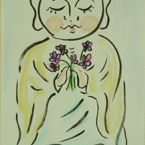 地蔵の水彩画 絵画 インテリア 水彩画 額絵 お地蔵さま アートな じZO 花を