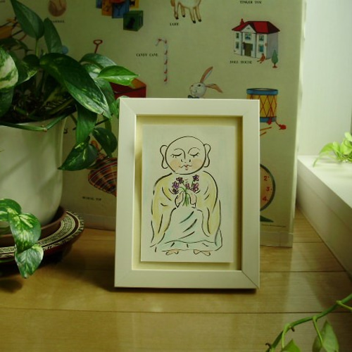 地蔵の水彩画 絵画 インテリア 水彩画 額絵 お地蔵さま アートな じZO 花を