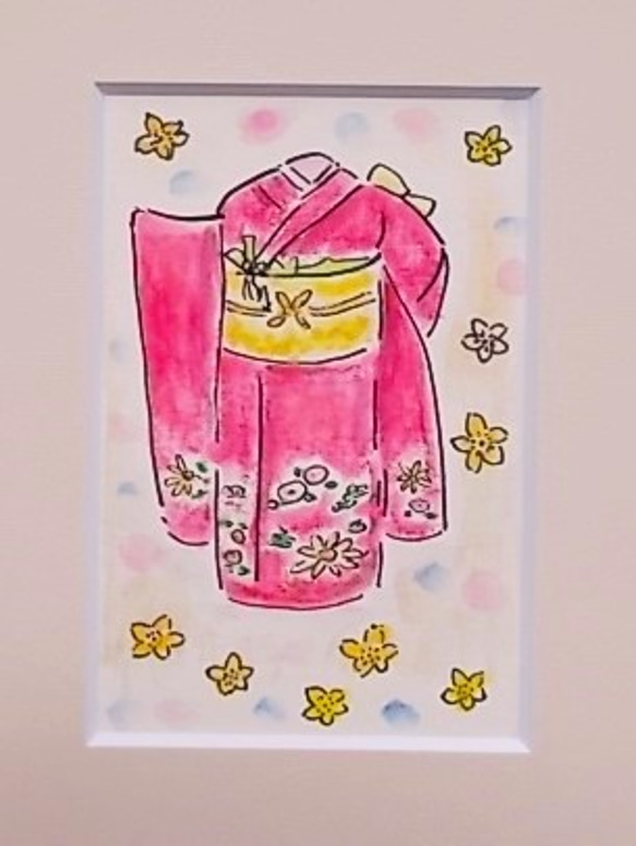 絵画 インテリア 水彩画 額絵 きもの 晴れ着 紅色 2枚目の画像