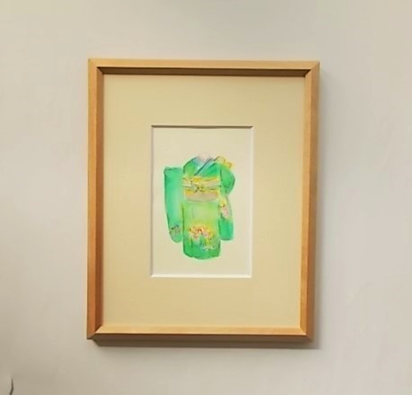 絵画 インテリア 水彩画 額絵 きもの 晴れ着 青緑 3枚目の画像