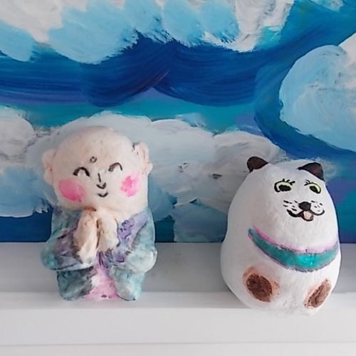 人形 紙粘土 オブジェ お地蔵さまと豆いぬ 箱型額絵付き その他人形
