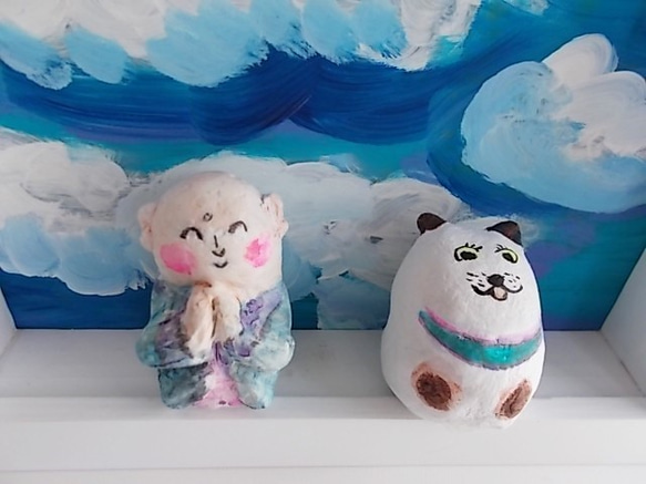 人形 紙粘土 オブジェ お地蔵さまと豆いぬ 箱型額絵付き その他人形