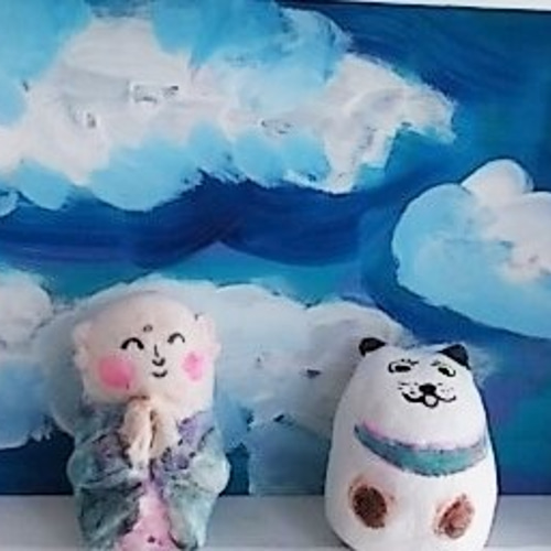 人形 紙粘土 オブジェ お地蔵さまと豆いぬ 箱型額絵付き その他人形