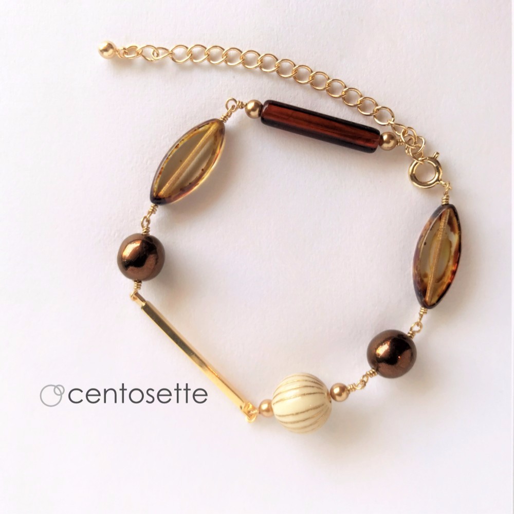 【再販】べっ甲カラーチェコガラス&ヴィンテージビーズとゴールドバーのブレス