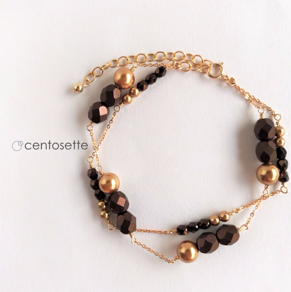 【再販】チョコレートブロンズチェコガラスの14KGF2連ブレスレット