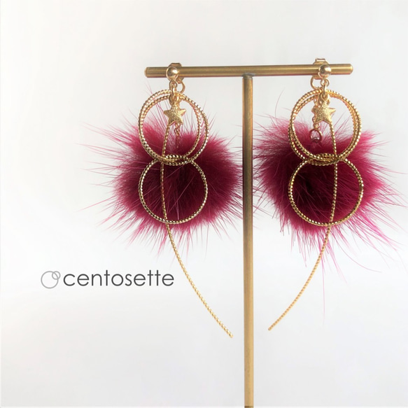 きらめくゴールドの揺れるミンクファー3WAYピアス ラズベリーピンク