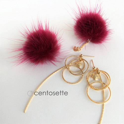 きらめくゴールドの揺れるミンクファー3WAYピアス ラズベリーピンク