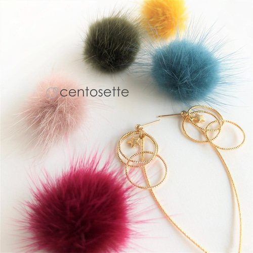 きらめくゴールドの揺れるミンクファー3WAYピアス ラズベリーピンク