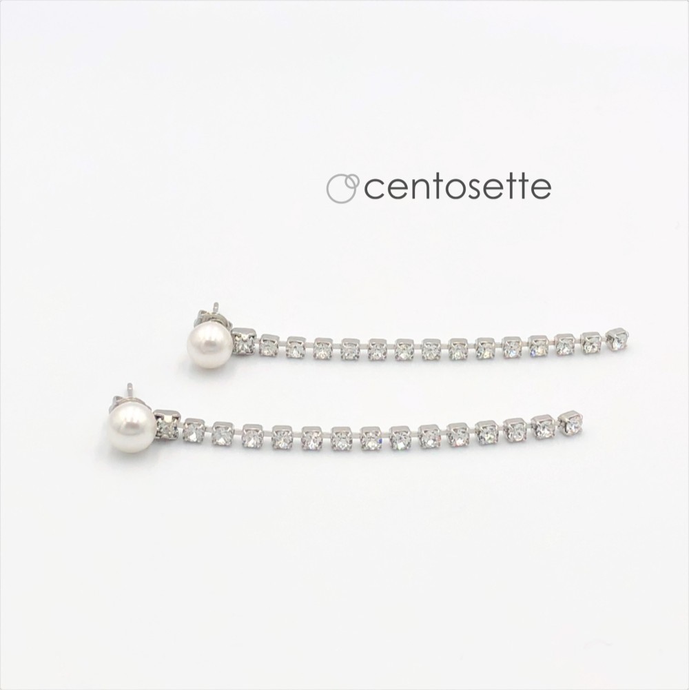 クリスタルチェーンとサイズ選べるクリスタルパールの3WAYピアス1連/サージカルステンレスピアス・イヤリング金具変更可