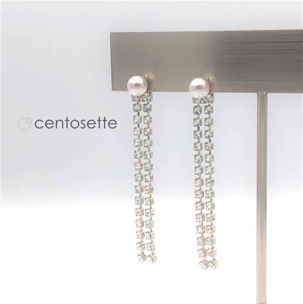 【再販】クリスタルチェーンとサイズ選べるパールの3WAYピアス2連/サージカルステンレスピアス・イヤリング金具変更可