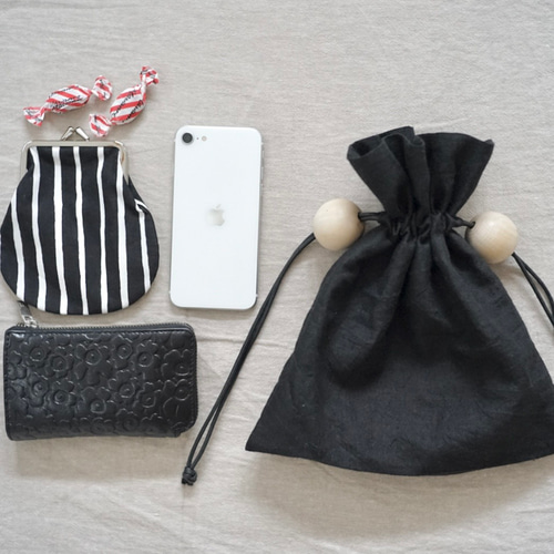 ウッドビーズ 巾着バッグ(linen black) 巾着バッグ chari20 通販
