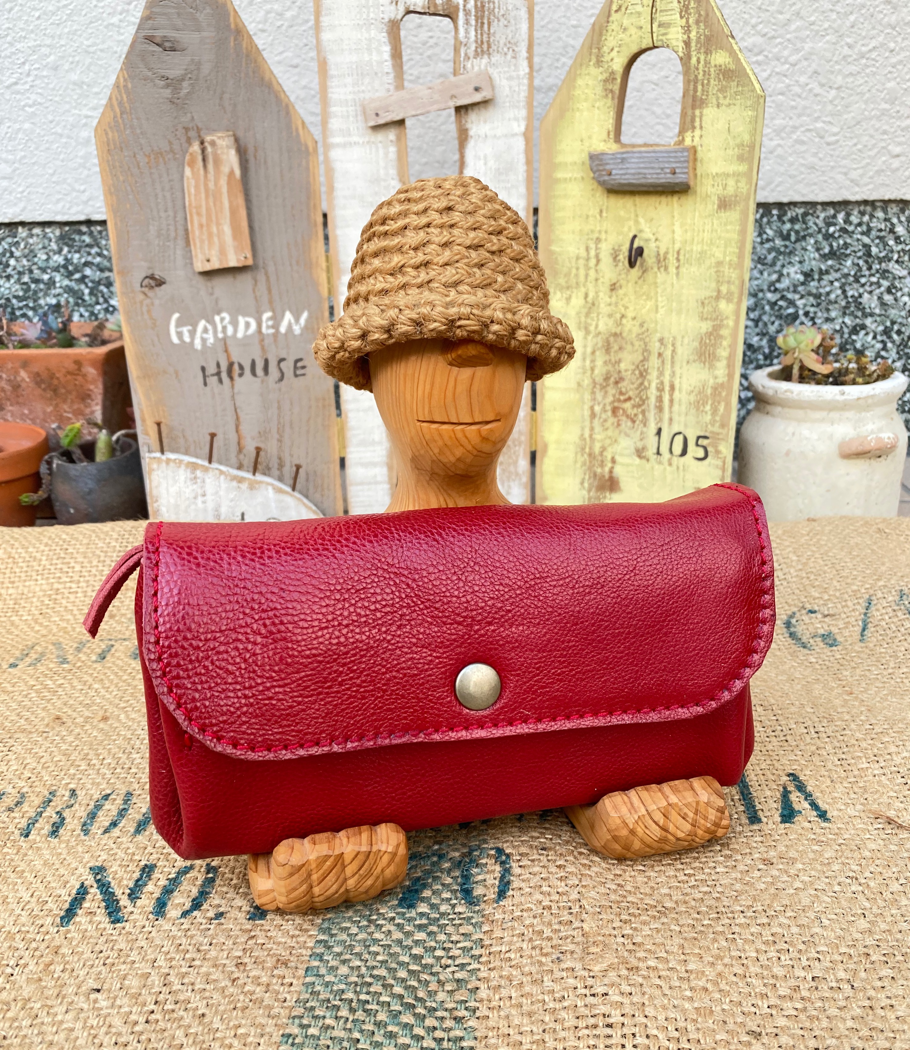 牛革のアコーディオンジャバラ財布/赤い財布ステッチも赤糸/ハンドメイド革財布/Jaba-red