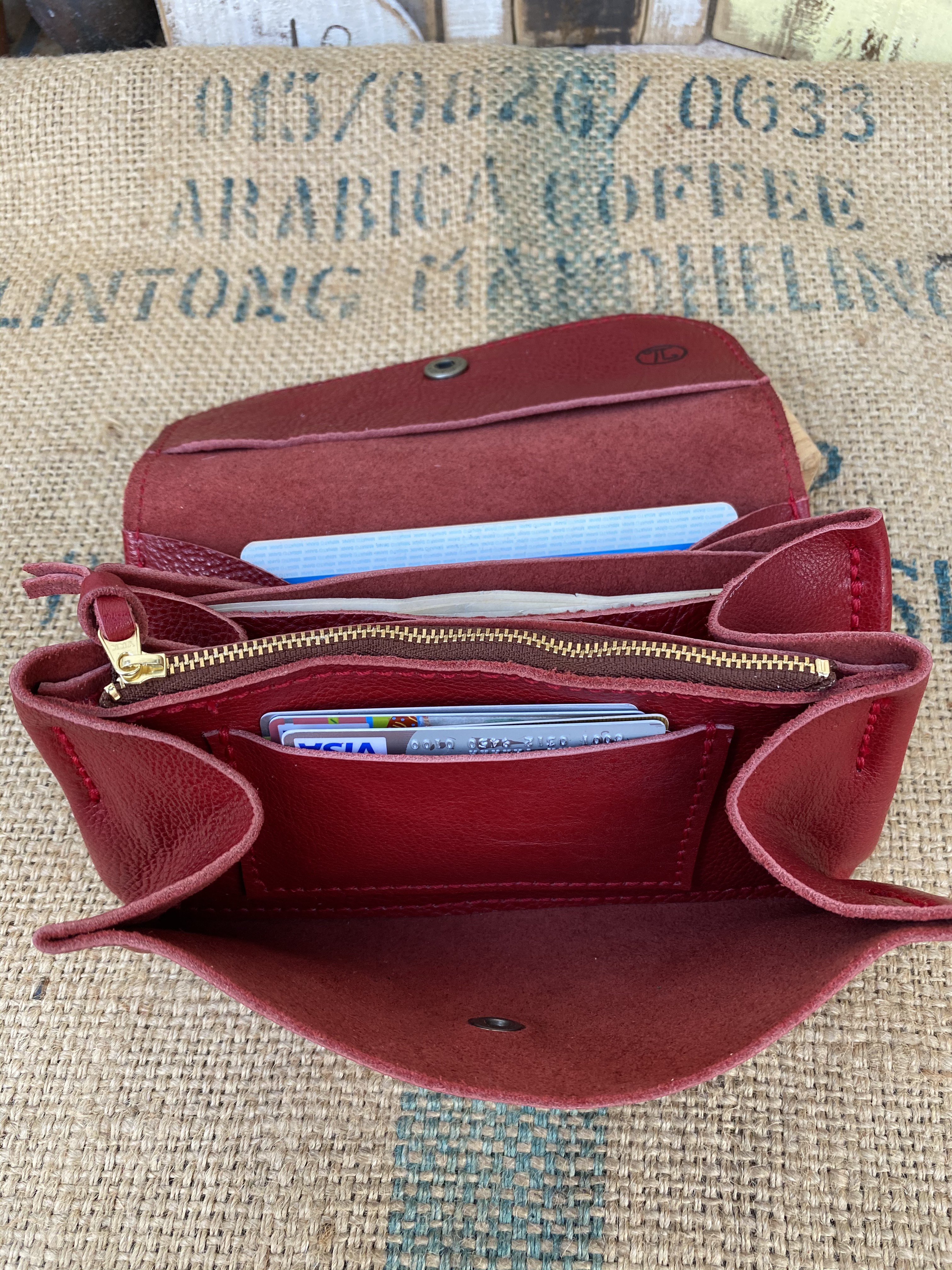 牛革のアコーディオンジャバラ財布/赤い財布ステッチも赤糸/ハンドメイド革財布/Jaba-red