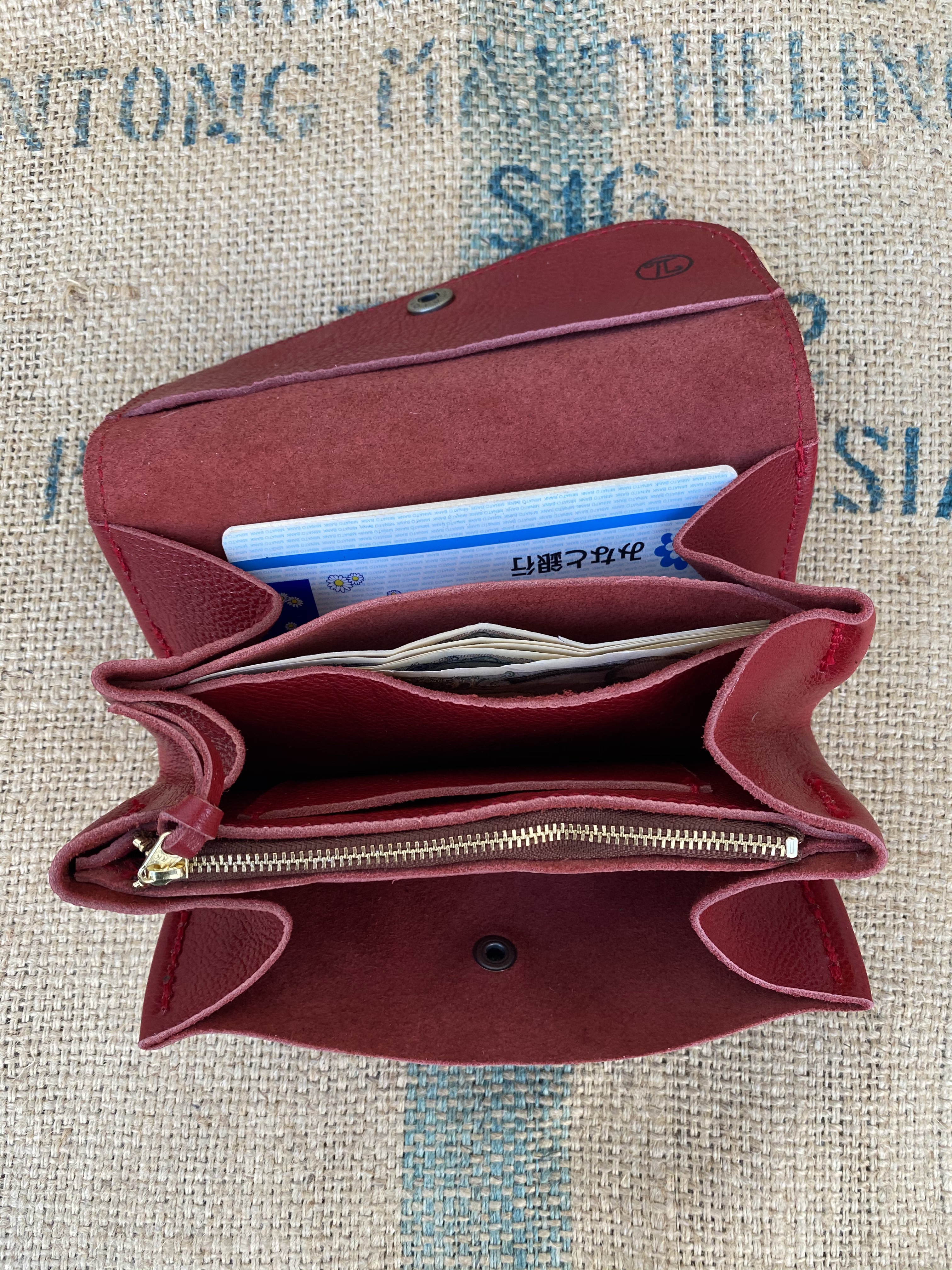 牛革のアコーディオンジャバラ財布/赤い財布ステッチも赤糸/ハンドメイド革財布/Jaba-red