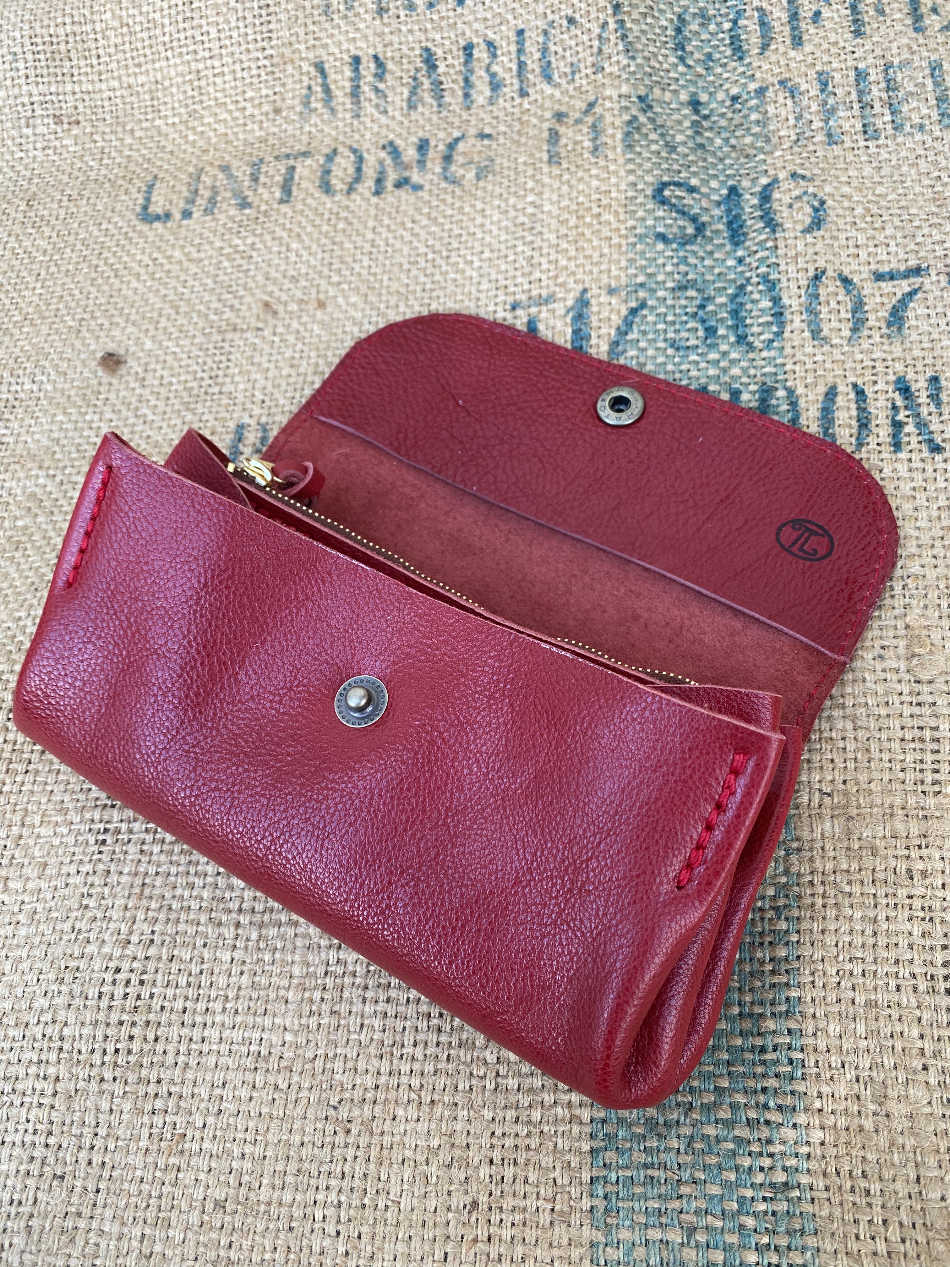 牛革のアコーディオンジャバラ財布/赤い財布ステッチも赤糸/ハンドメイド革財布/Jaba-red