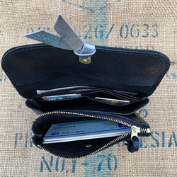 リボン付き大きな２層の長財布/黒レザー財布にシルバーリボン/gift-black-silver 5枚目の画像