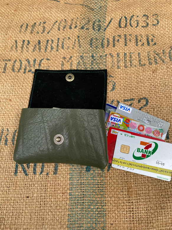 ハラコ本革のカードケース/小さな財布/green✖︎gold 2枚目の画像