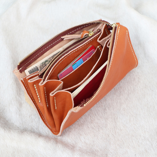 革の大きな長財布/ハンドメイド財布/リング付き/LV-camel 長財布 ベコ