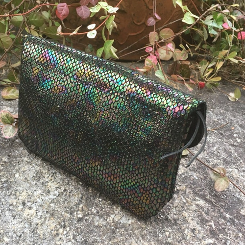 レインボーラメの本革 /長財布/蛇アニマルプリント/レザー手作り財布 