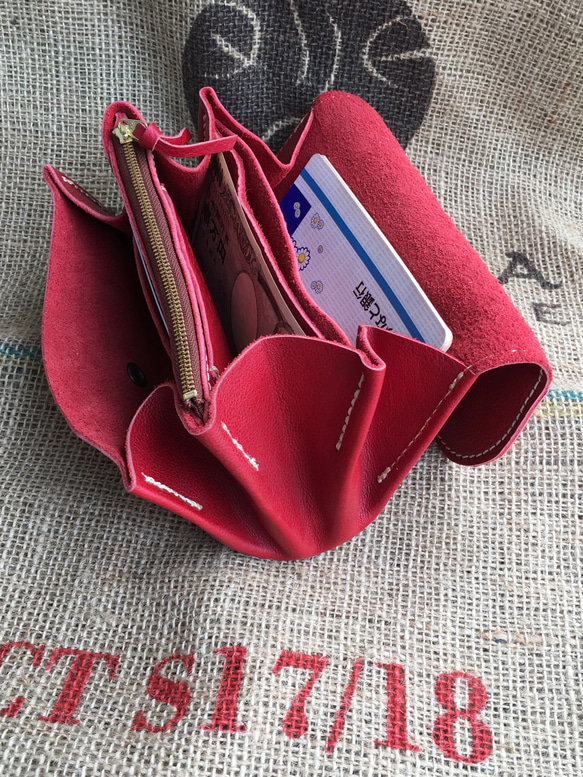 牛革のアコーディオンジャバラ財布/赤い財布/ハンドメイド革財布/Jaba-red 4枚目の画像