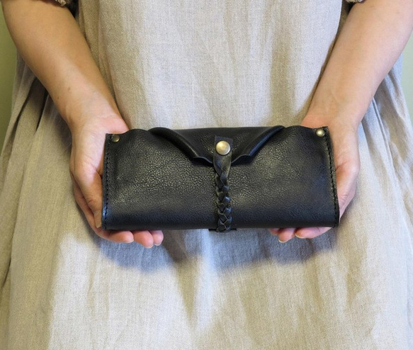 ガバっと開く大きな革の長財布/黒レザー財布/gabatto-ブラック 長財布 