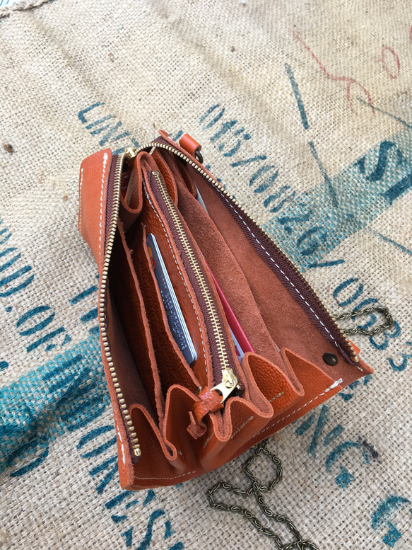 ポシェットのジャバラの長財布/オレンジの大きな革の長財布/LV-poche-orange 4枚目の画像
