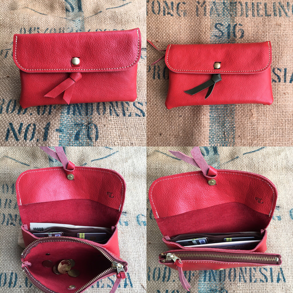ギフトのようなリボンが可愛い２層の大きな長財布/赤いレザー長財布/gift-red 2枚目の画像