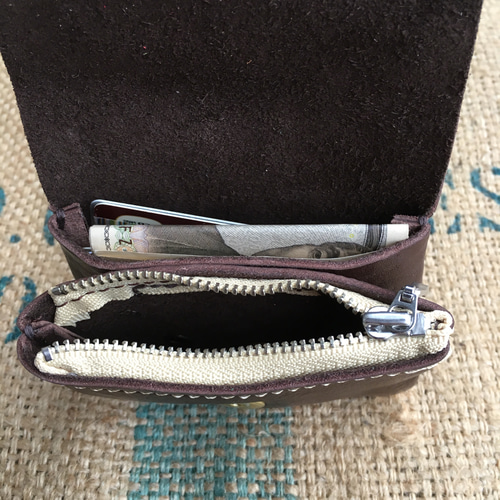 牛革レザーシボ ダブルホックのコンパクトミニ財布 こげ茶