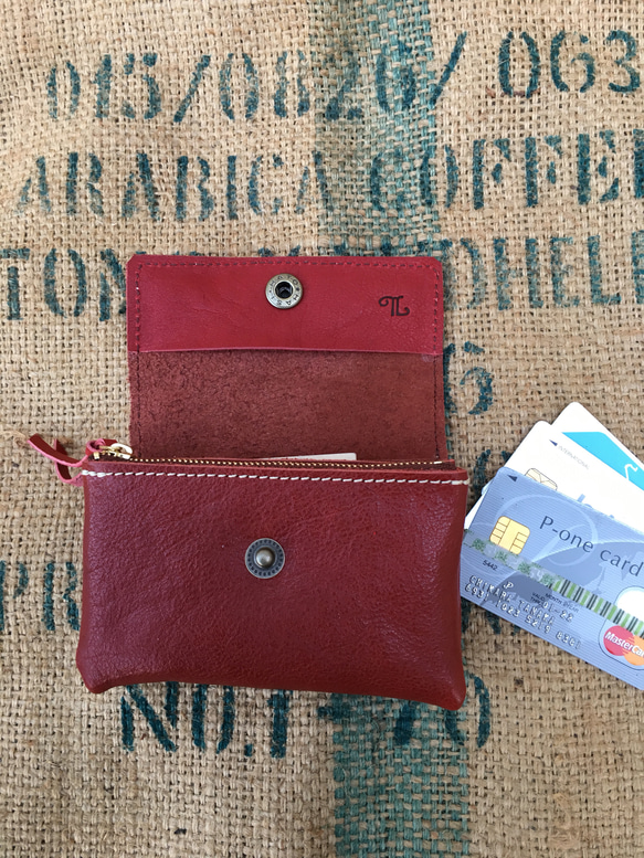 かわいい革の財布/赤いレザー本革のハンドメイド財布/miru-sango 2枚目の画像