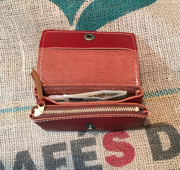 かわいい革の財布/赤いレザー本革のハンドメイド財布/miru-sango 3枚目の画像