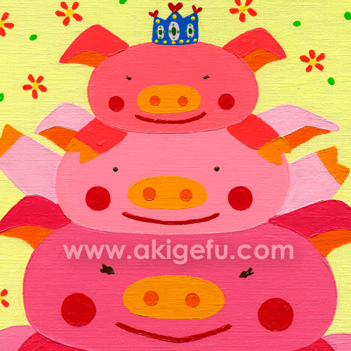 油絵「4匹の仲良しブタ」2Lサイズイラスト 絵画 宮城彬瑚 通販