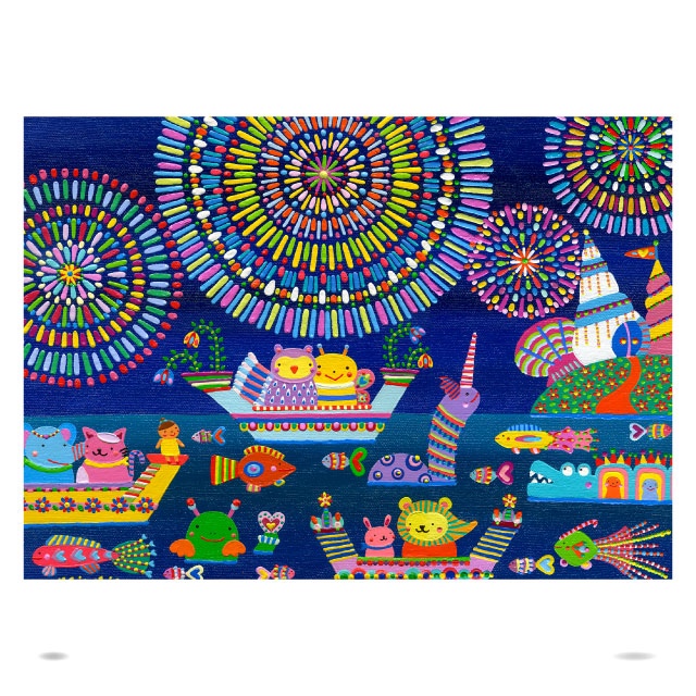 花火と、宇宙「オリジナルイラスト絵画」A4サイズ