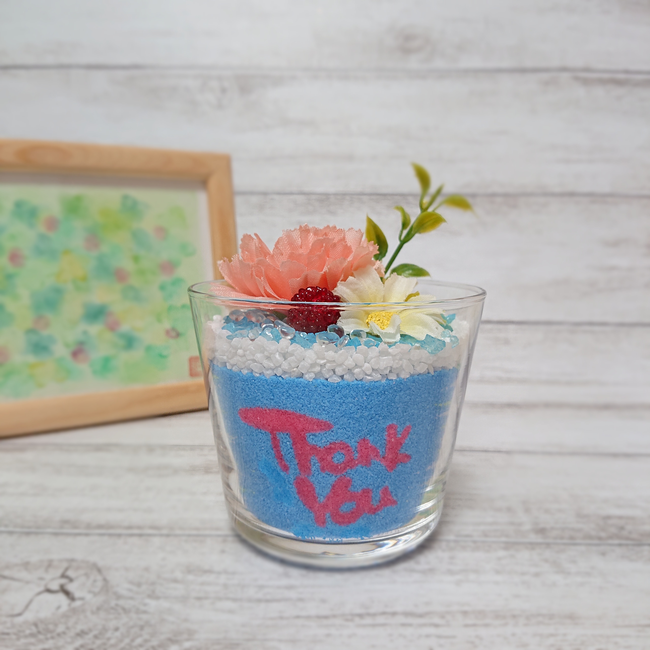 ◆受注制作◆「Thank you」文字入りグラスサンドアート（観葉植物変更可）　ギフト　贈り物