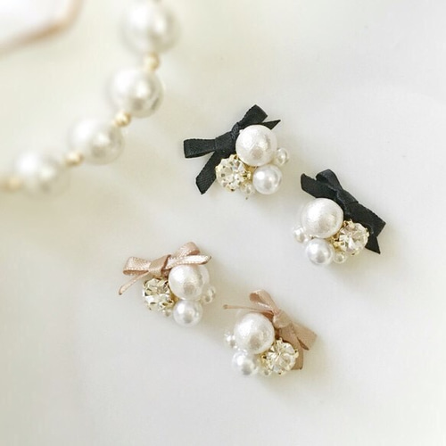 【#1567】パール　リボン　ハンドメイドアクセサリー　ピアス　イヤリング 1567】パール リボン ハンドメイドアクセサリー ピアス イヤリング