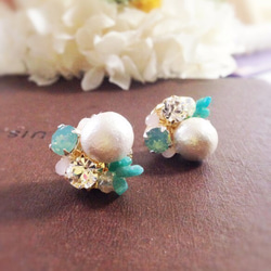 棉珍珠和珠寶耳環/蛋白石藍 第1張的照片